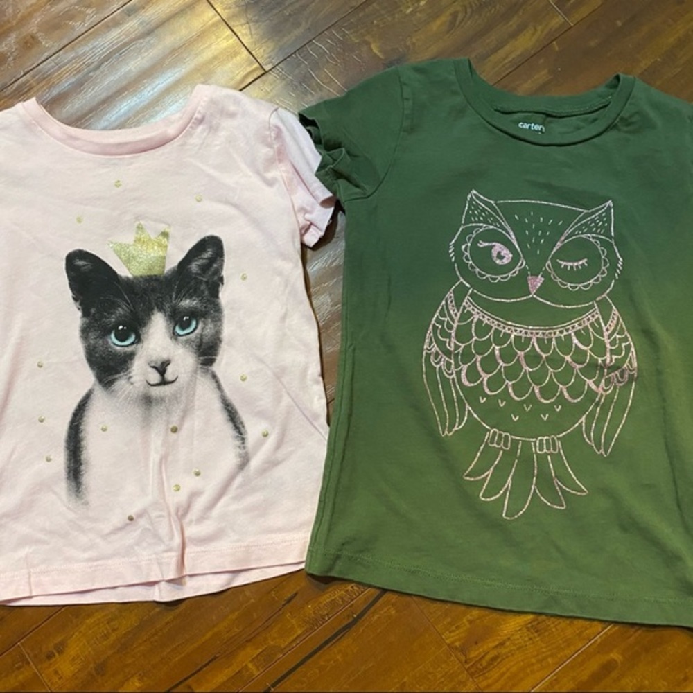 Carter’s Girls Size 4/5 Owl Cat Graphic Tee Shirt Lot of 2 Glitter